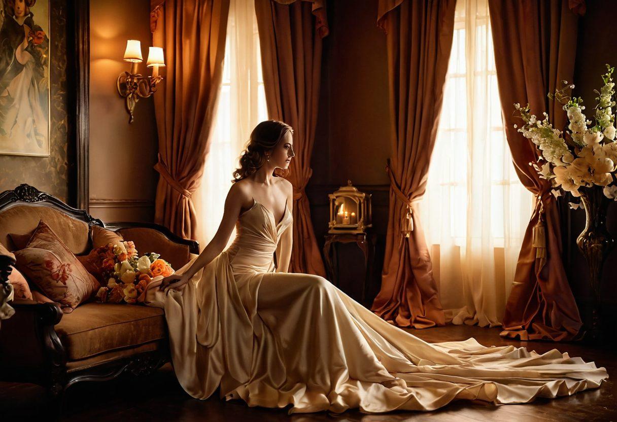 An alluring, artistic representation of sensuality featuring a figure wrapped in flowing silk drapes, surrounded by soft candlelight and blooming flowers. The backdrop should convey a feeling of intimacy with warm, inviting colors. Incorporate subtle hints of film reels and vintage cameras to signify the exploration of adult cinema. The overall atmosphere should be dreamy and evocative, inviting the viewer into a world of pleasure and discovery. vibrant colors. soft focus. romantic ambiance.